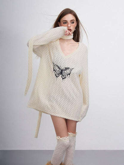 AFTADAWN Mink Fur Embroidered Butterfly Wing V-neck Women&