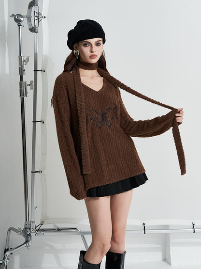 AFTADAWN Mink Fur Embroidered Butterfly Wing V-neck Women&