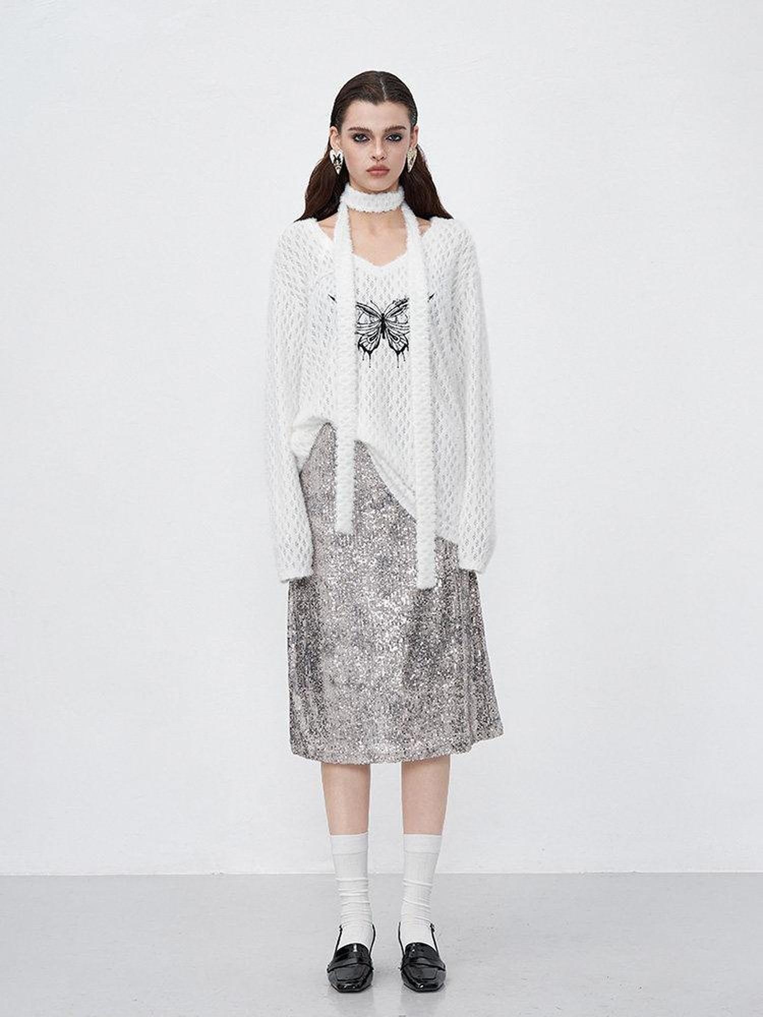 AFTADAWN Mink Fur Embroidered Butterfly Wing V-neck Women&