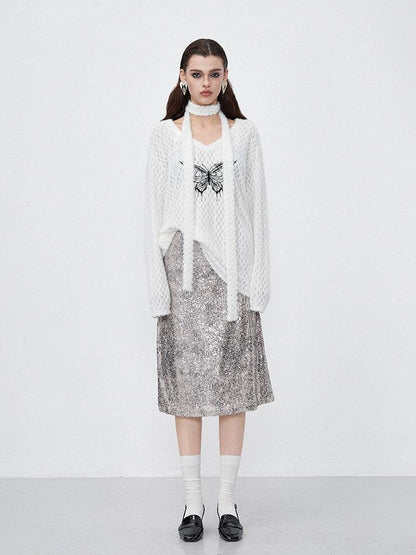 AFTADAWN Mink Fur Embroidered Butterfly Wing V-neck Women&