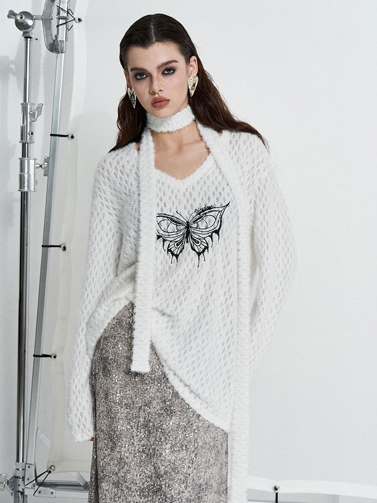 AFTADAWN Mink Fur Embroidered Butterfly Wing V-neck Women&
