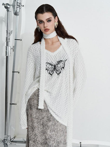 AFTADAWN Mink Fur Embroidered Butterfly Wing V-neck Women&