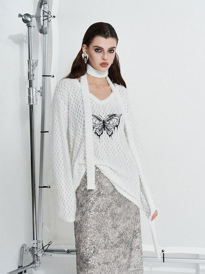 AFTADAWN Mink Fur Embroidered Butterfly Wing V-neck Women&