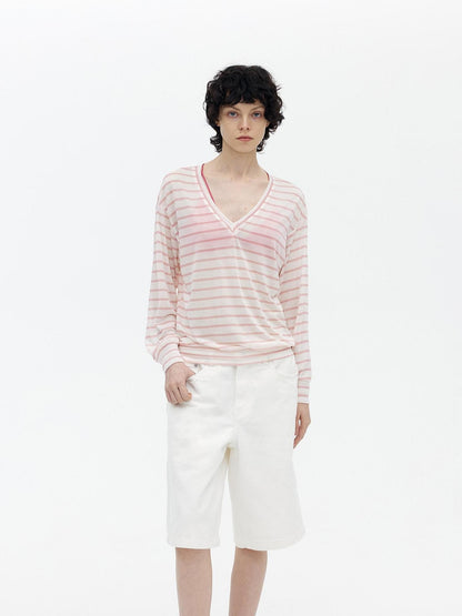 AFTADAWN Mint Contrast Stripe V-neck Women&