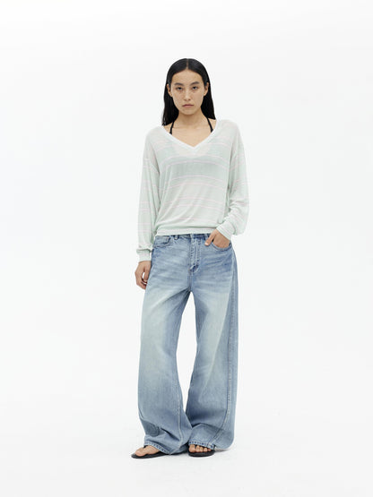AFTADAWN Mint Contrast Stripe V-neck Women&