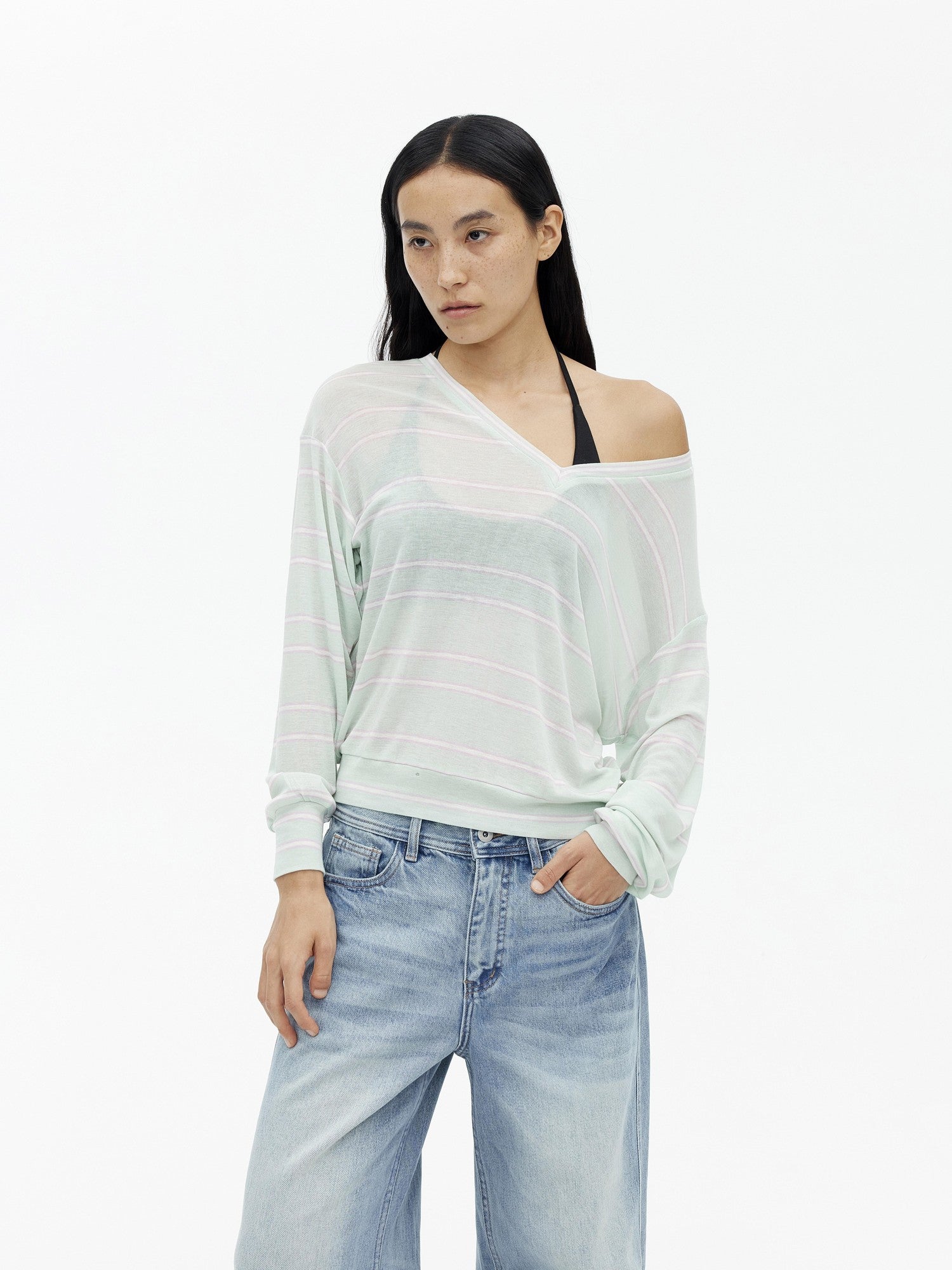 AFTADAWN Mint Contrast Stripe V-neck Women&