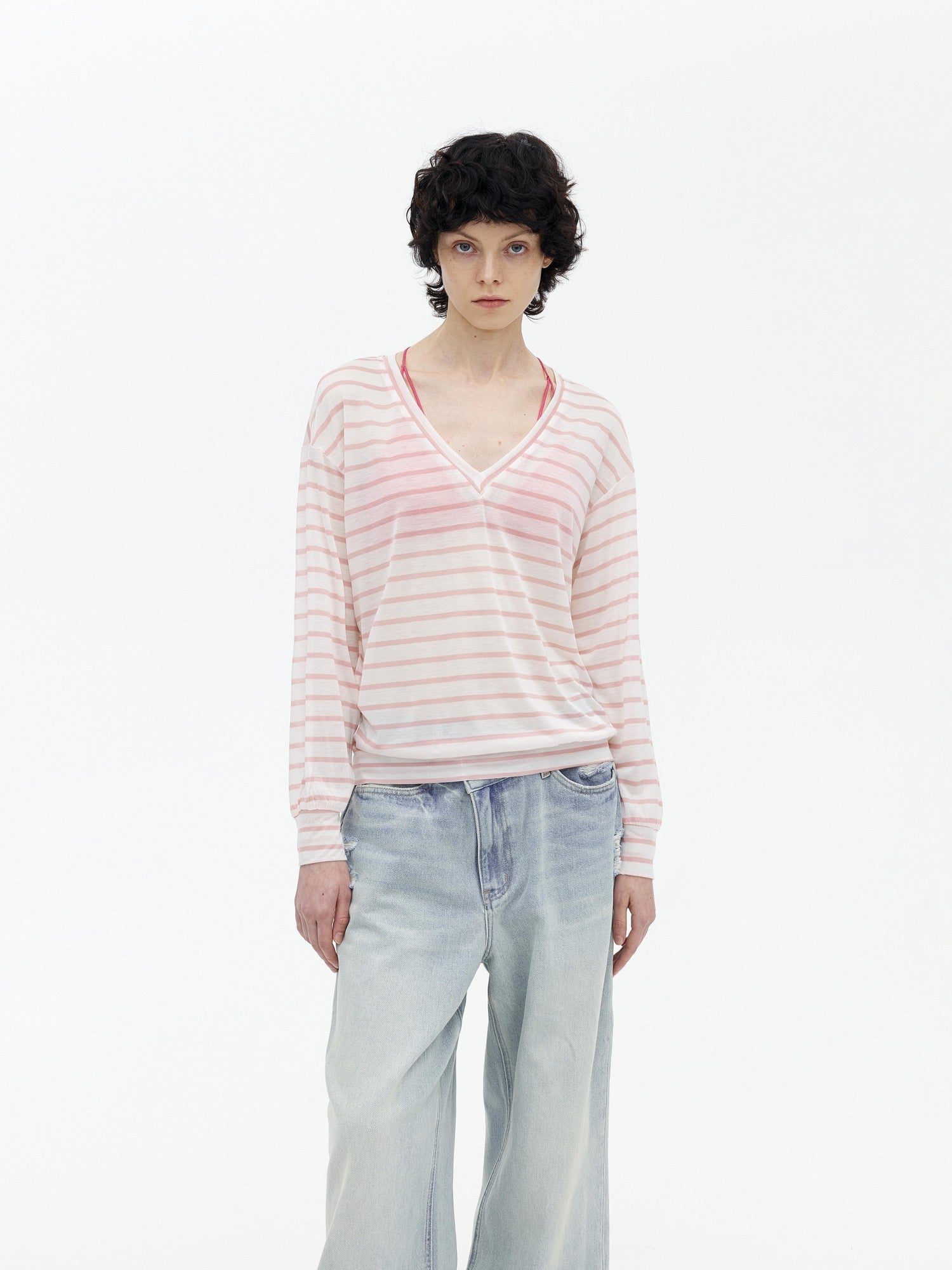 AFTADAWN Mint Contrast Stripe V-neck Women&