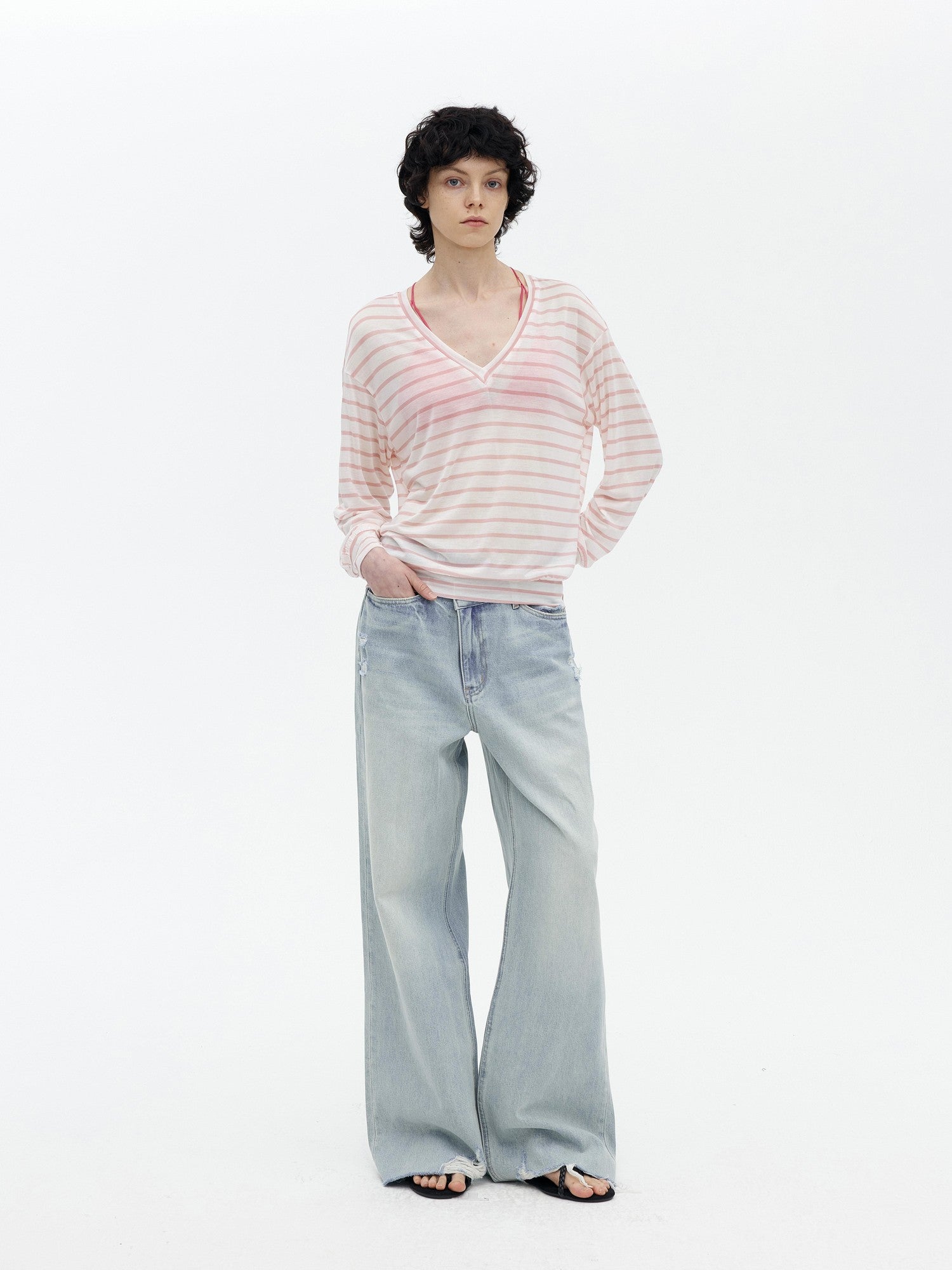 AFTADAWN Mint Contrast Stripe V-neck Women&