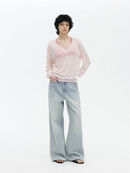 AFTADAWN Mint Contrast Stripe V-neck Women&