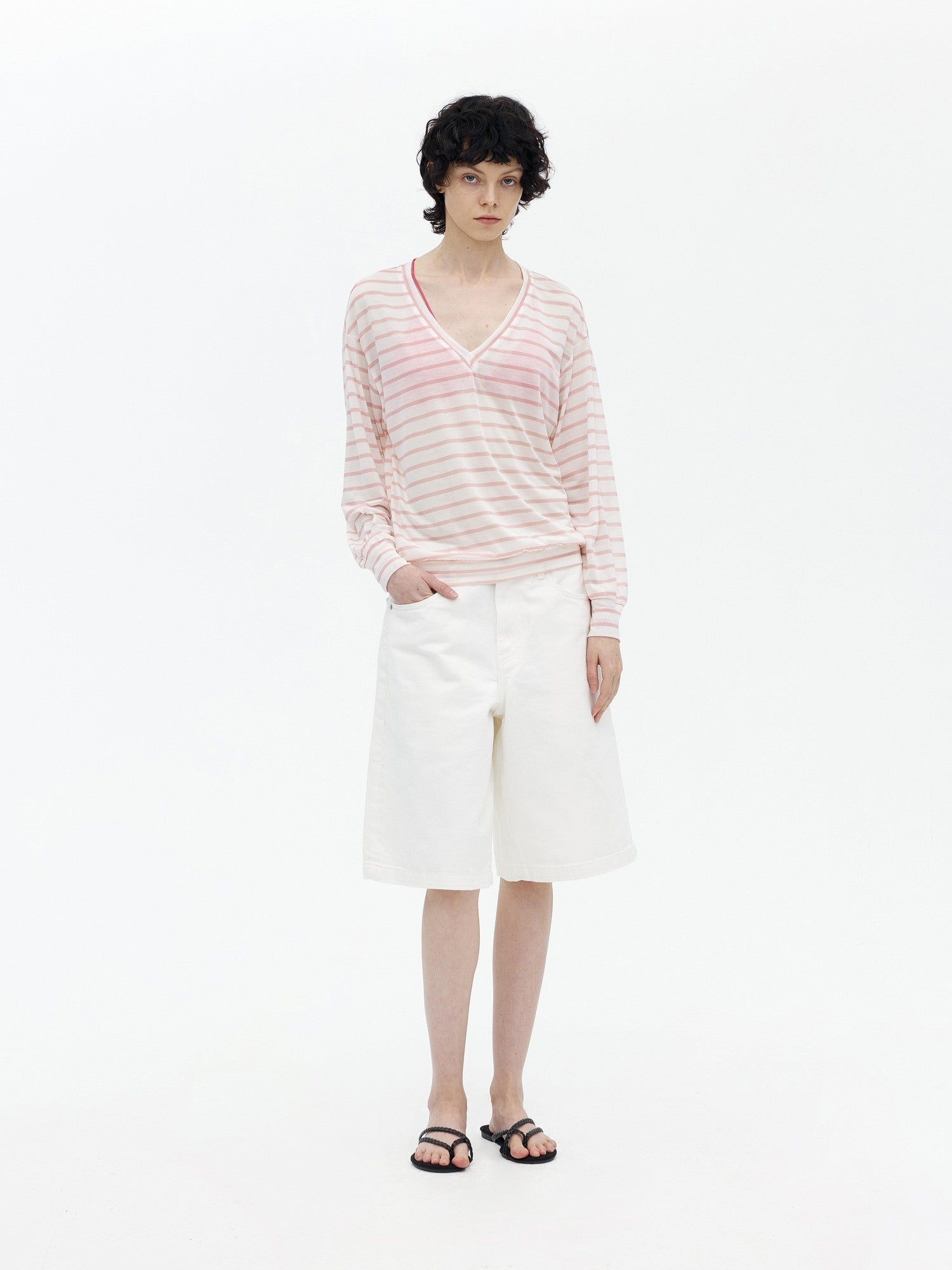AFTADAWN Mint Contrast Stripe V-neck Women&
