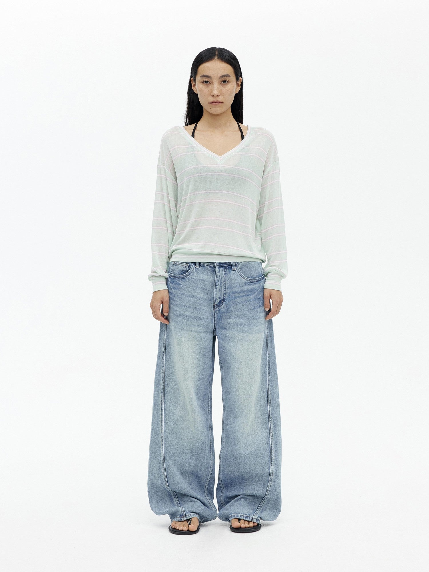 AFTADAWN Mint Contrast Stripe V-neck Women&