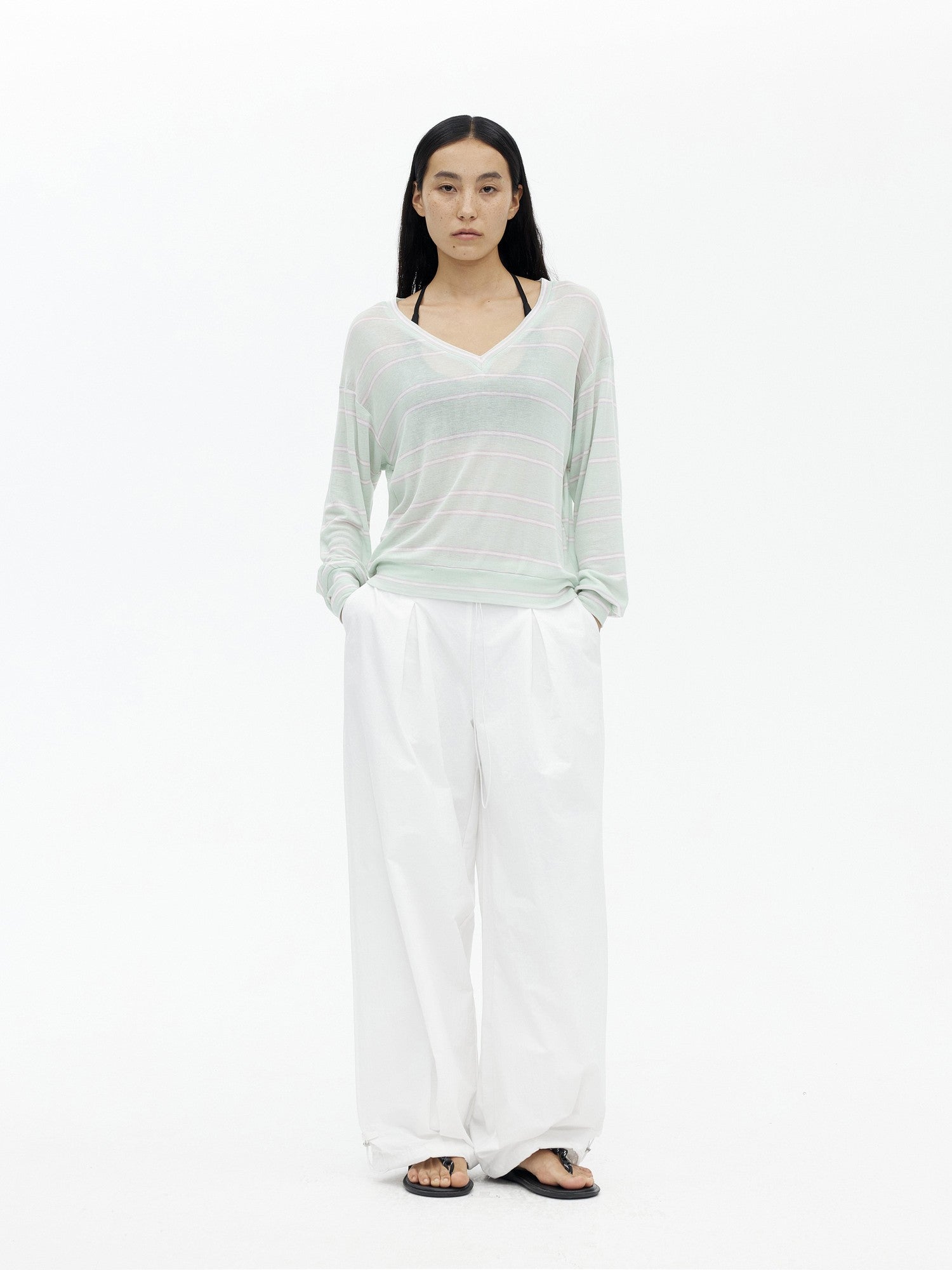 AFTADAWN Mint Contrast Stripe V-neck Women&