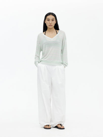 AFTADAWN Mint Contrast Stripe V-neck Women&