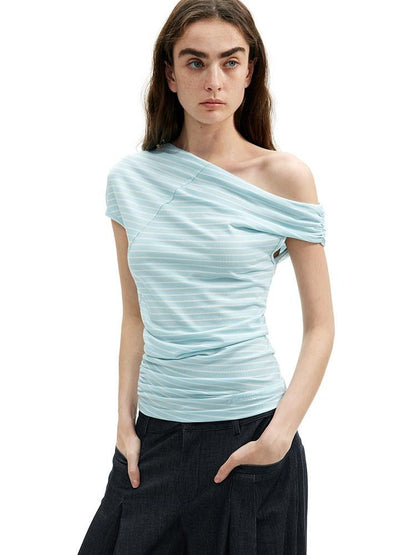 AFTADAWN Mint Striped Pleated Slanted Shoulder Women&