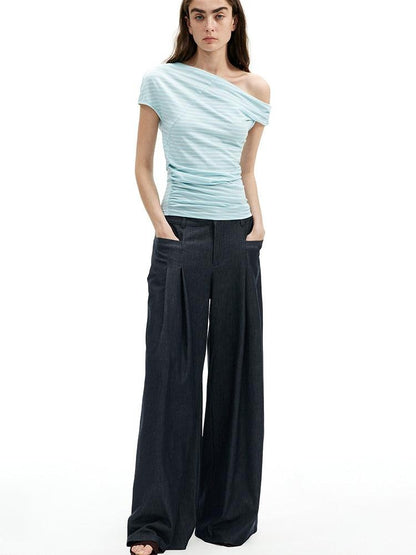 AFTADAWN Mint Striped Pleated Slanted Shoulder Women&