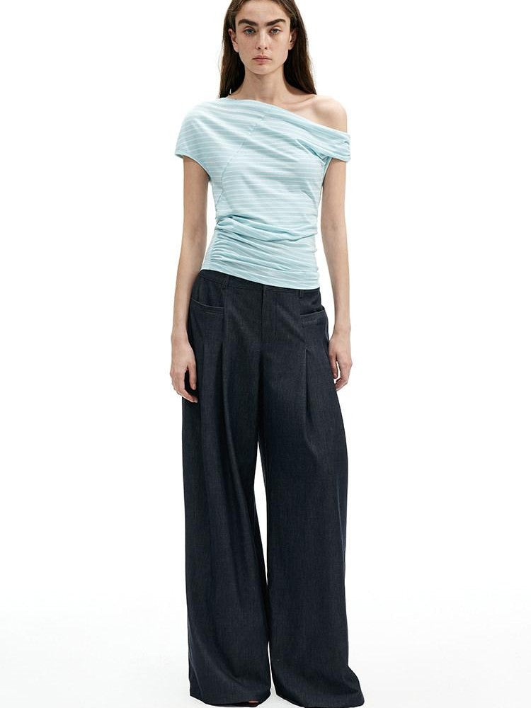 AFTADAWN Mint Striped Pleated Slanted Shoulder Women&
