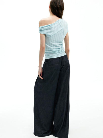 AFTADAWN Mint Striped Pleated Slanted Shoulder Women&