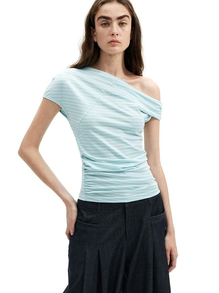 AFTADAWN Mint Striped Pleated Slanted Shoulder Women&