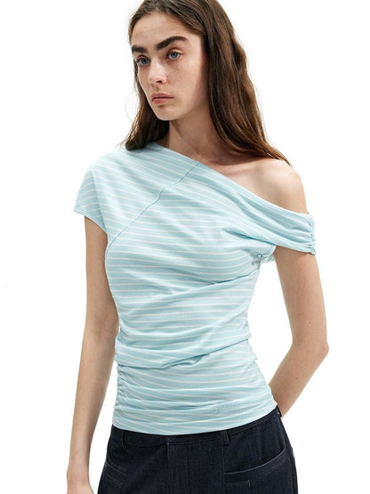 AFTADAWN Mint Striped Pleated Slanted Shoulder Women&