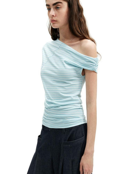 AFTADAWN Mint Striped Pleated Slanted Shoulder Women&