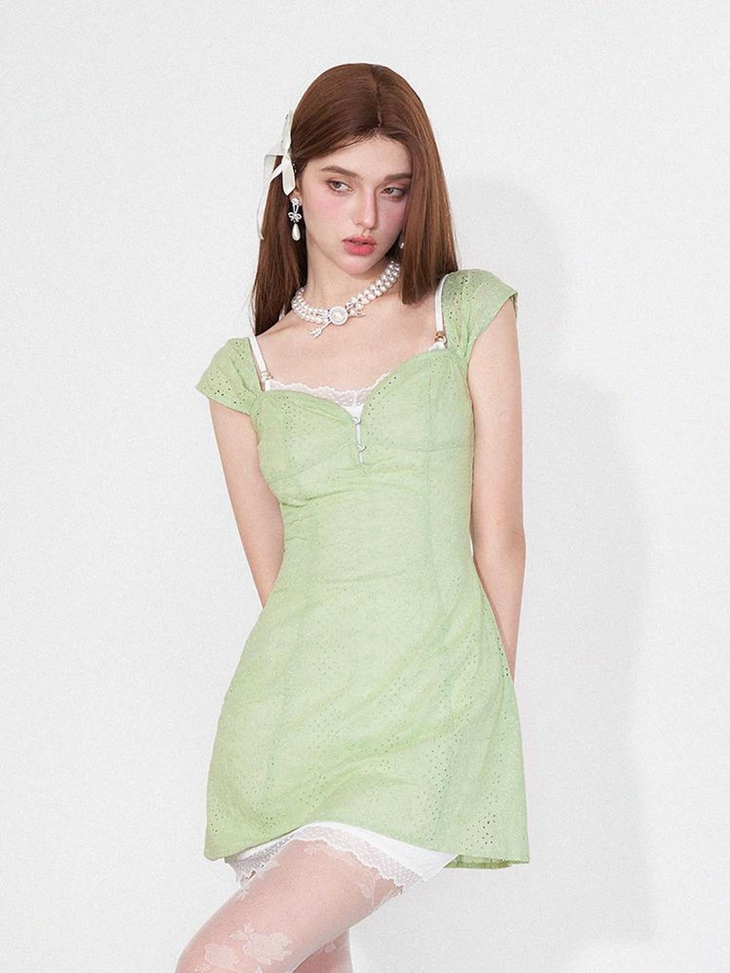 AFTADAWN Mint Summer Lace Hollow Floral Sundress Set