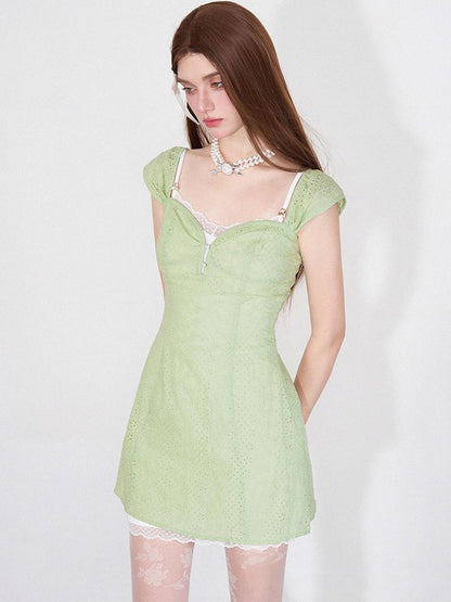 AFTADAWN Mint Summer Lace Hollow Floral Sundress Set