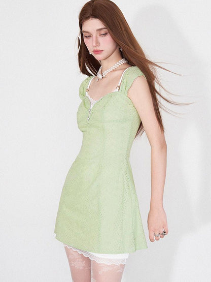 AFTADAWN Mint Summer Lace Hollow Floral Sundress Set
