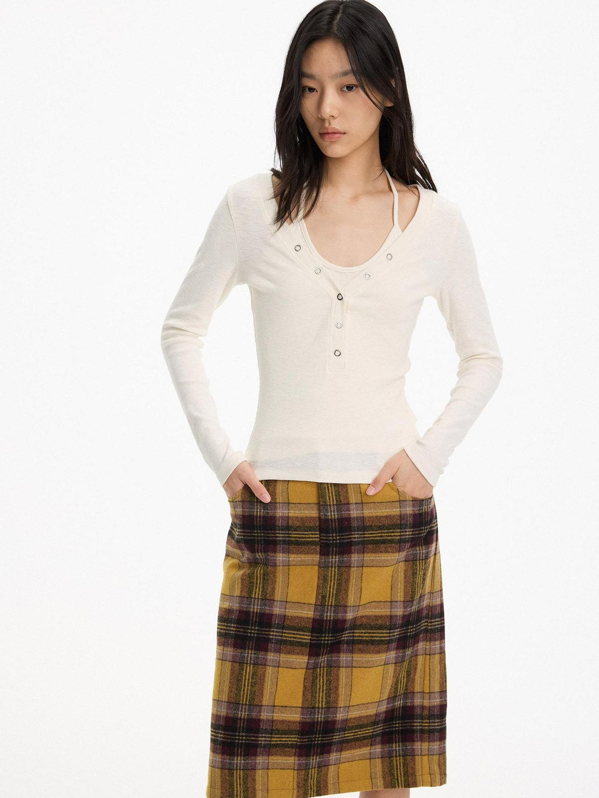 AFTADAWN Mock Layered Metal Element Slim Fit Women&