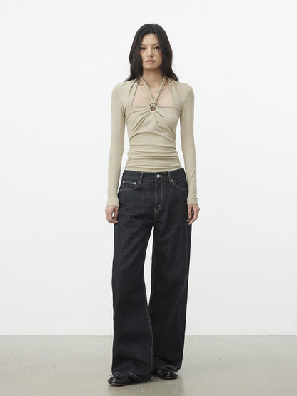 AFTADAWN Mock Neck Knit Top With Beaded Tie T-shirt