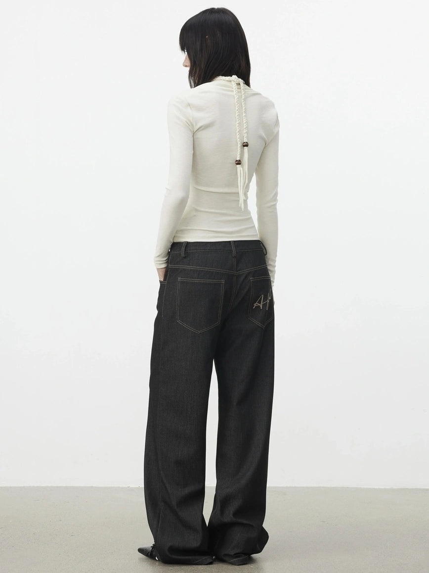 AFTADAWN Mock Neck Knit Top With Beaded Tie T-shirt