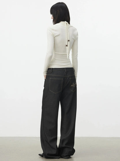 AFTADAWN Mock Neck Knit Top With Beaded Tie T-shirt