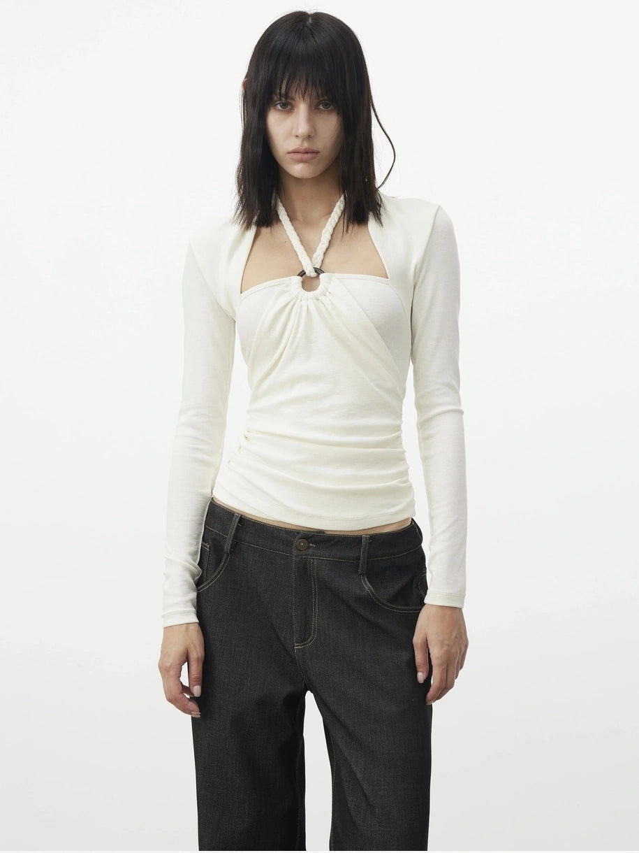 AFTADAWN Mock Neck Knit Top With Beaded Tie T-shirt