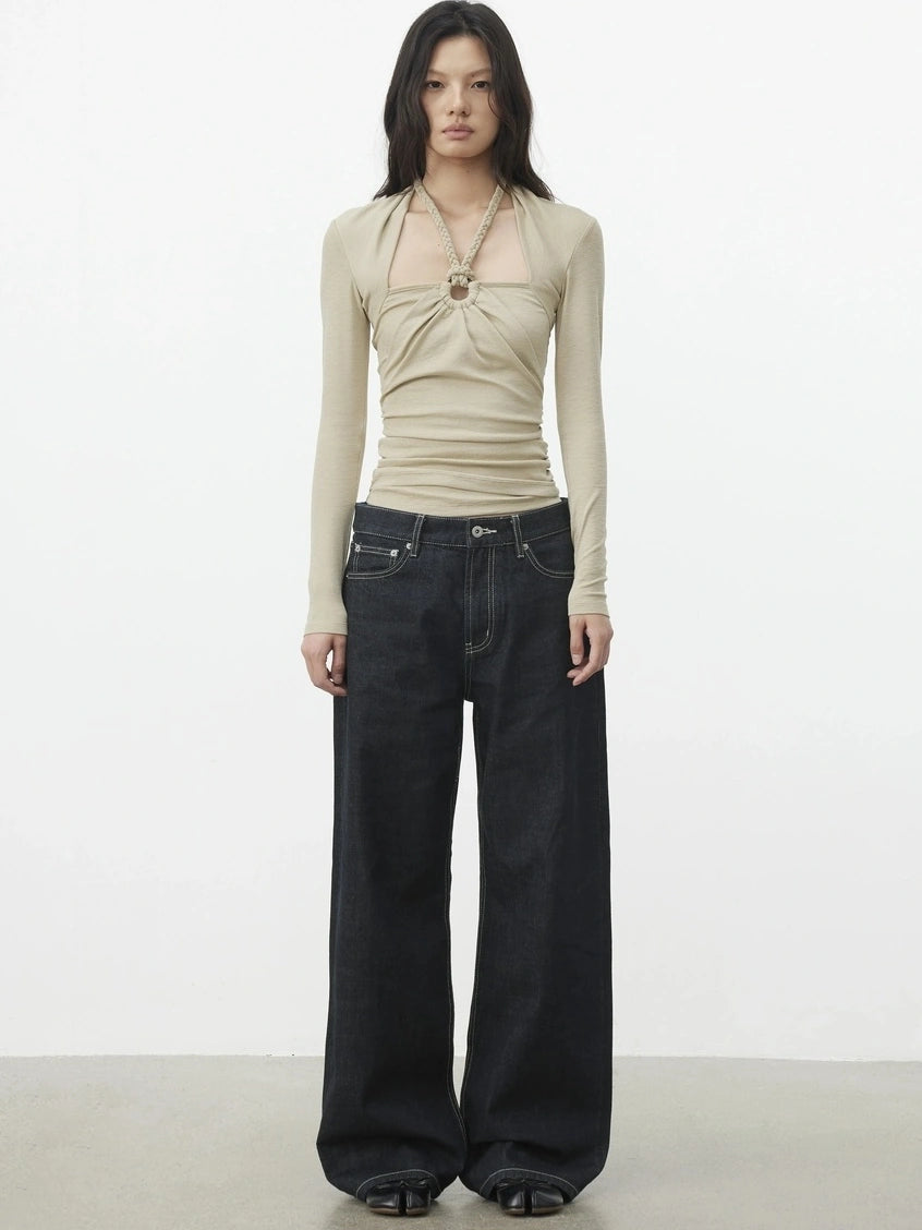 AFTADAWN Mock Neck Knit Top With Beaded Tie T-shirt