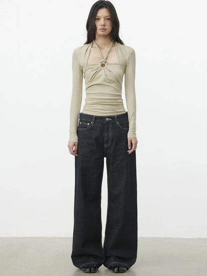 AFTADAWN Mock Neck Knit Top With Beaded Tie T-shirt