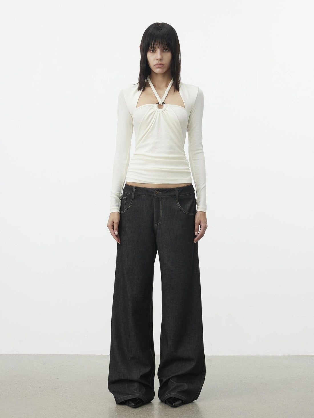 AFTADAWN Mock Neck Knit Top With Beaded Tie T-shirt