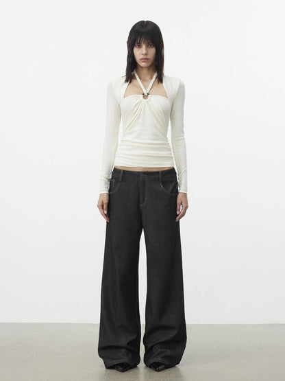 AFTADAWN Mock Neck Knit Top With Beaded Tie T-shirt