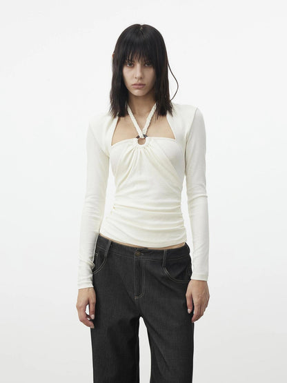 AFTADAWN Mock Neck Knit Top With Beaded Tie T-shirt