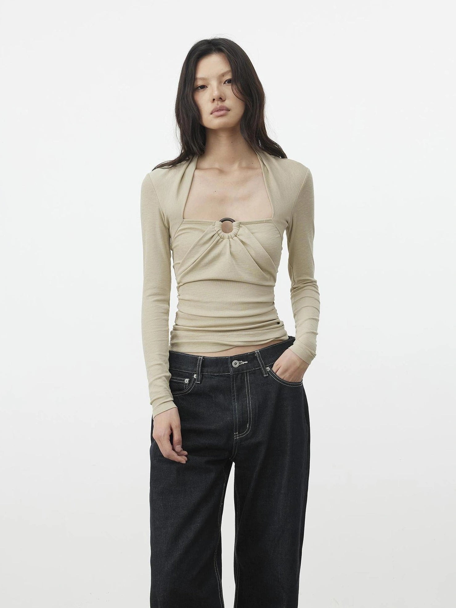 AFTADAWN Mock Neck Knit Top With Beaded Tie T-shirt