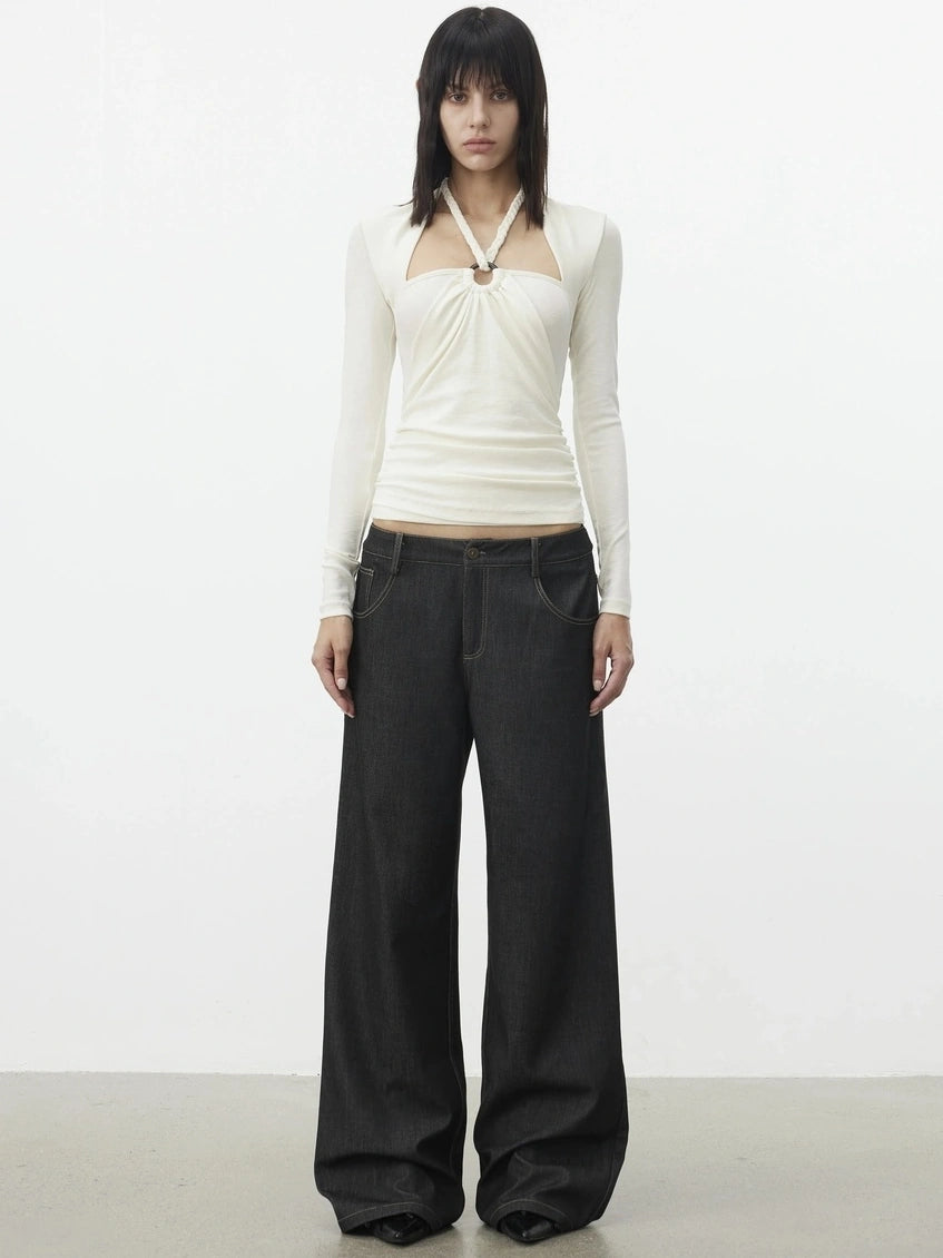 AFTADAWN Mock Neck Knit Top With Beaded Tie T-shirt