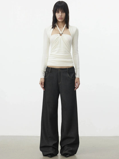 AFTADAWN Mock Neck Knit Top With Beaded Tie T-shirt