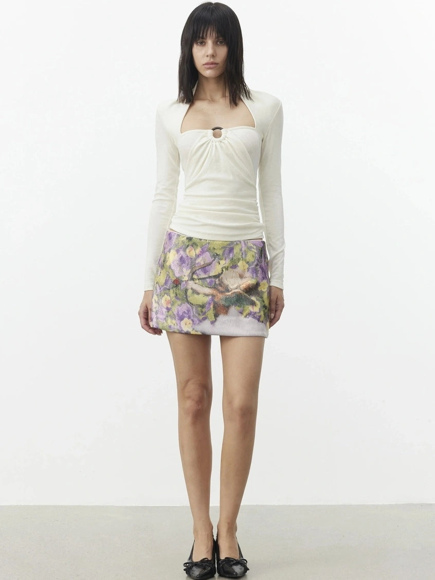 AFTADAWN Mock Neck Knit Top With Beaded Tie T-shirt