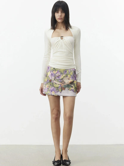 AFTADAWN Mock Neck Knit Top With Beaded Tie T-shirt