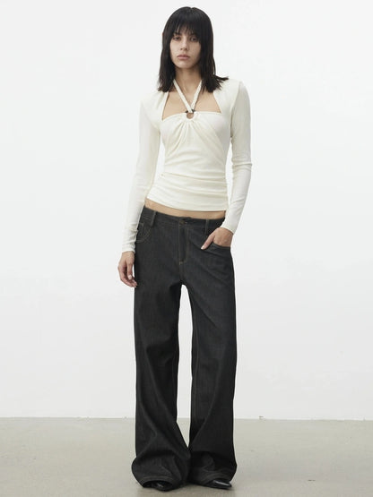 AFTADAWN Mock Neck Knit Top With Beaded Tie T-shirt