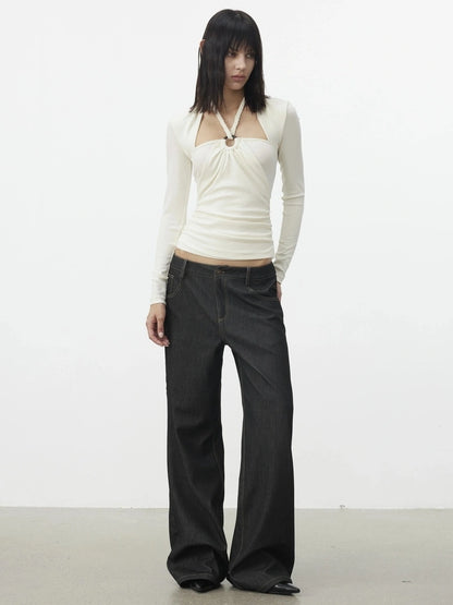 AFTADAWN Mock Neck Knit Top With Beaded Tie T-shirt