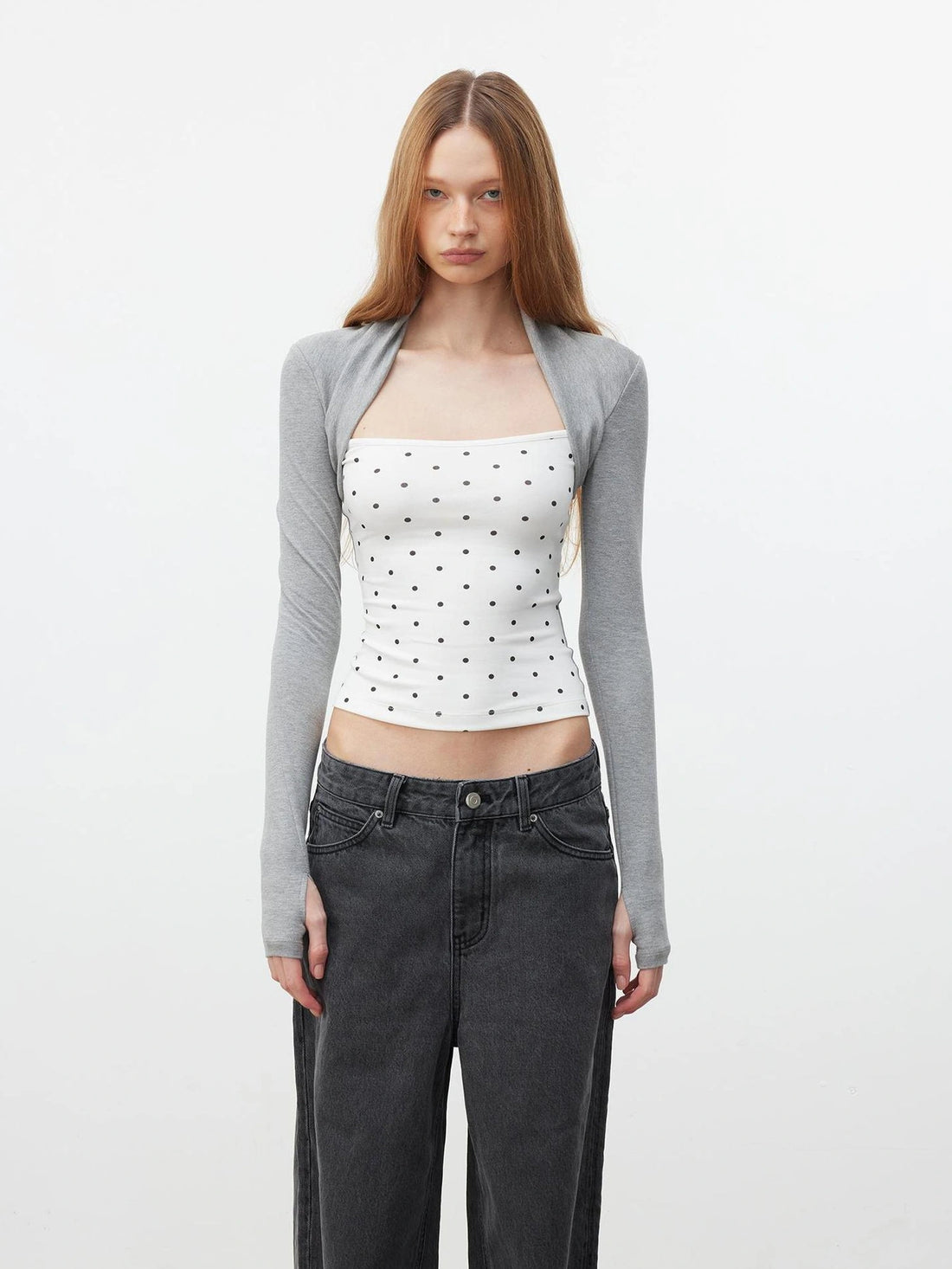 AFTADAWN Modal Layered Mock Neck Dot Blouse T-shirt