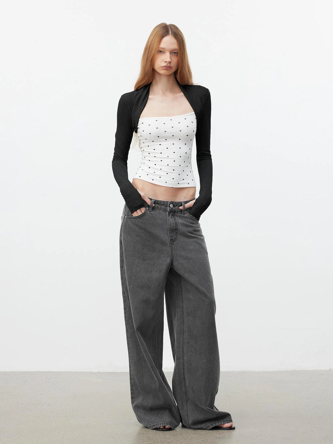 AFTADAWN Modal Layered Mock Neck Dot Blouse T-shirt