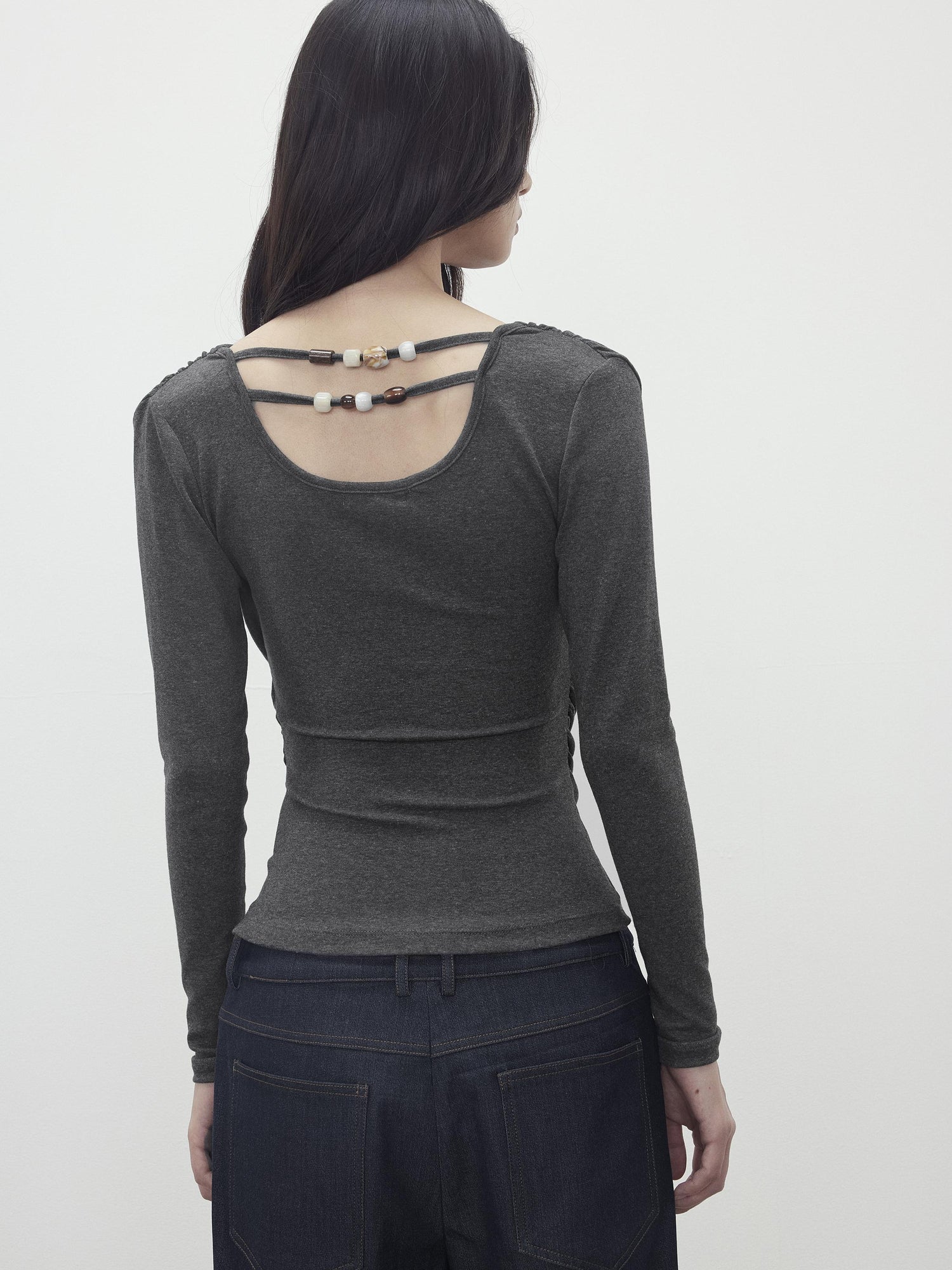 AFTADAWN Modal Slit Back Beaded Detail Long Sleeve Top