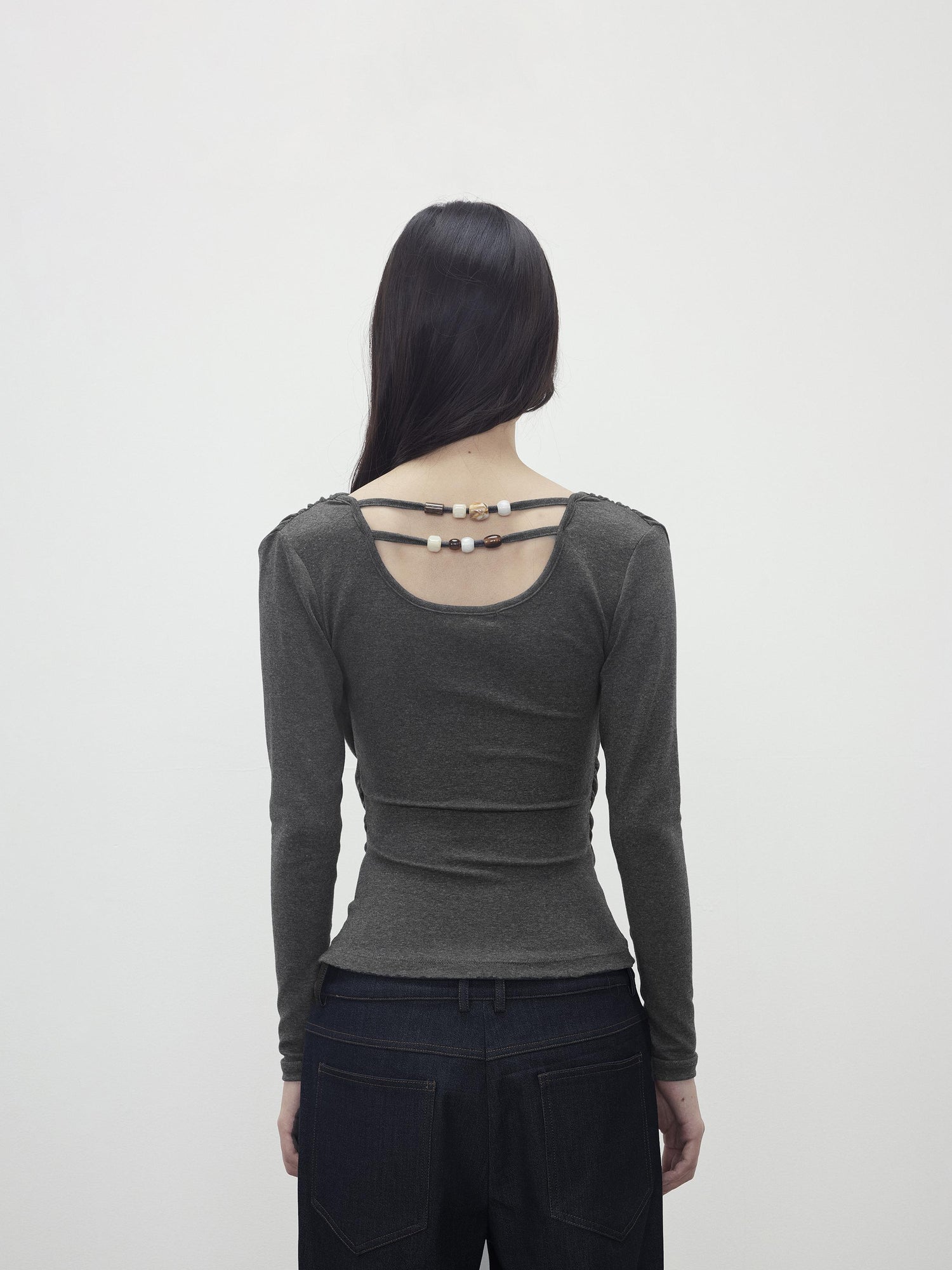 AFTADAWN Modal Slit Back Beaded Detail Long Sleeve Top