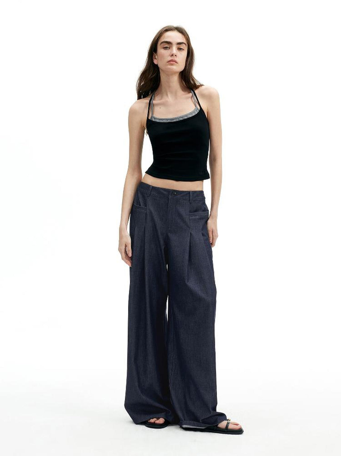 AFTADAWN Modal Twill Wide Leg Trousers With Pleated Waist