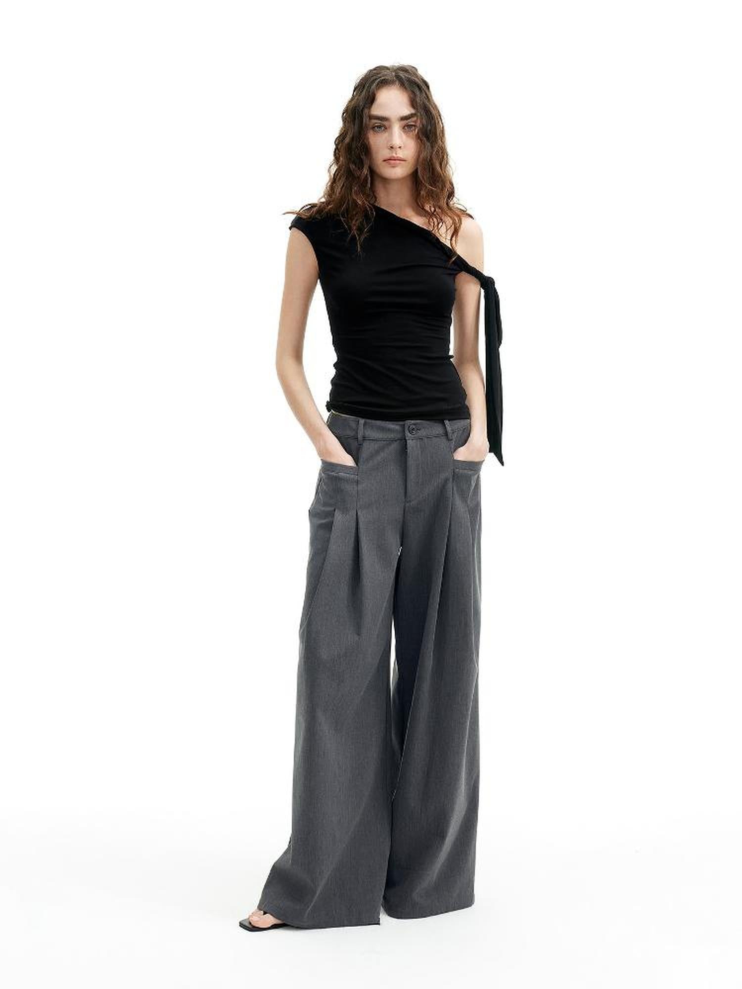 AFTADAWN Modal Twill Wide Leg Trousers With Pleated Waist